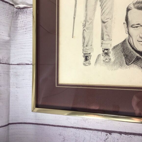 Vintage 1975 Glen Base John Wayne Pencil Sketch Art Framed - Picture 7 of 16
